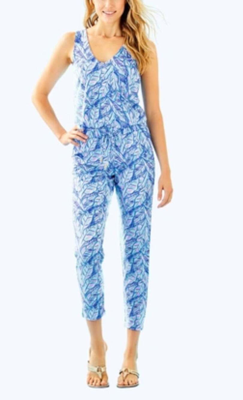Lilly Pulitzer Jumpsuit Paulina Blue Print Sleeveless Drawstring Waist